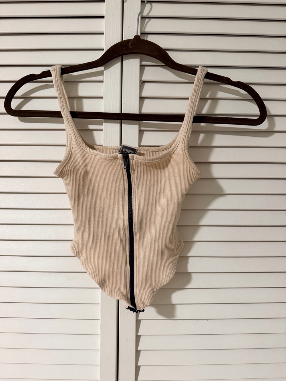 Cream Ribbed Zip-Front Women's Bodysuit